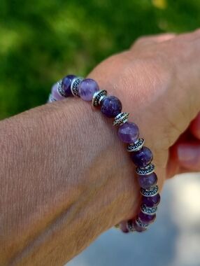Amethyst Bead Stretch Bracelet with Silver Accent Spacers - Purple